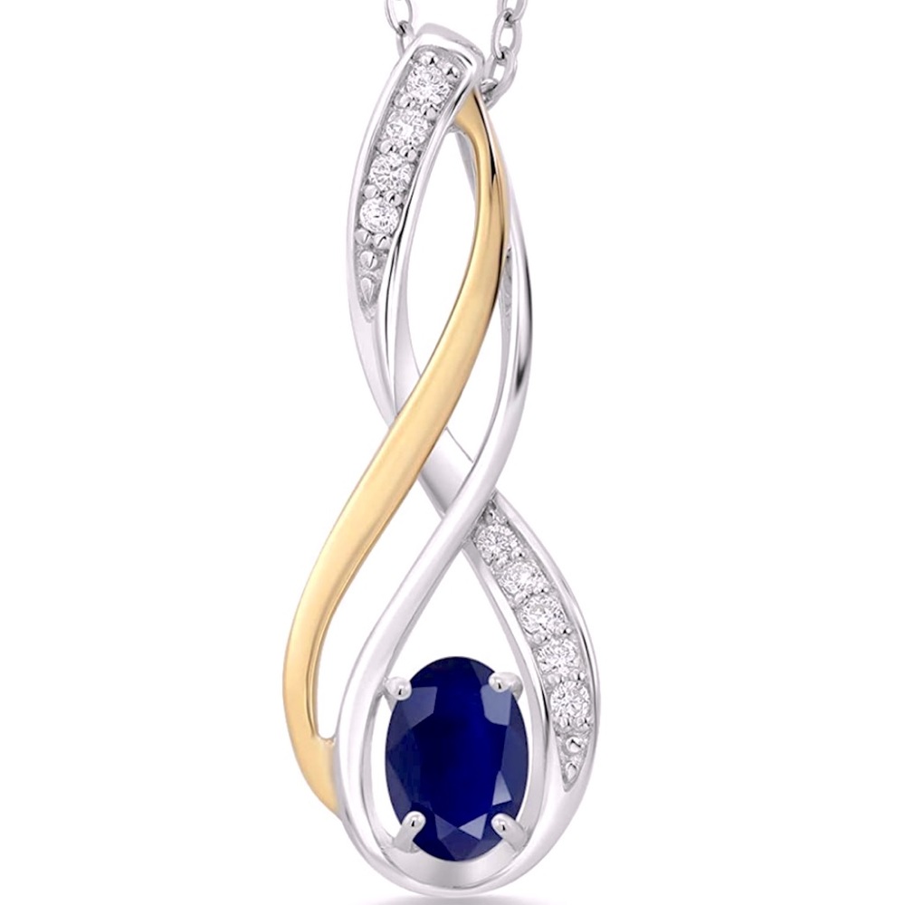 10K YGold 925 Sterling Silver Sapphire/White Lab Grown Diamond Pendant Necklace